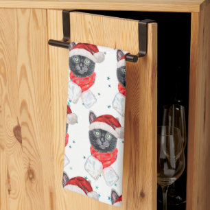 Christmas Black Cat with Red Scarf Tea Towel
