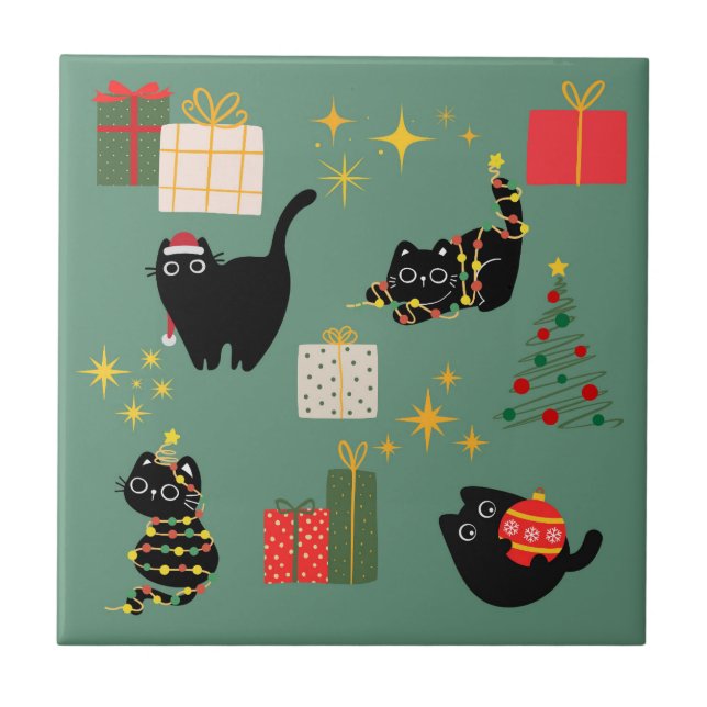 Christmas Black Cats Ceramic Tile (Front)