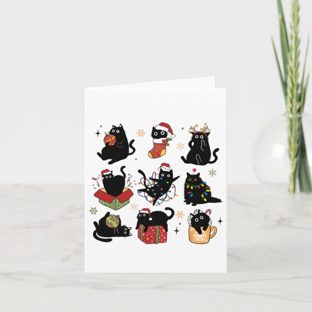 Christmas Black Cats Lover Santa Cat Light Reindee Card (Front)