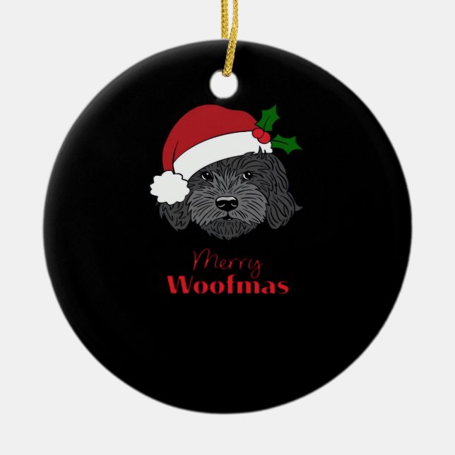 Christmas Black Cockapoo, Cavapoo, Cavoodle, Merry Ceramic Ornament (Front)