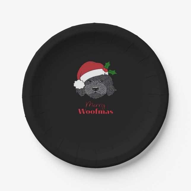 Christmas Black Cockapoo, Cavapoo, Cavoodle, Merry Paper Plate (Front)