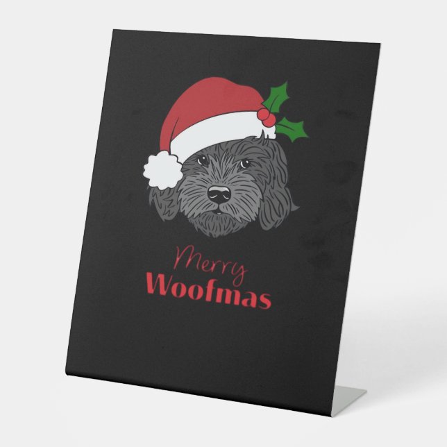 Christmas Black Cockapoo, Cavapoo, Cavoodle, Merry Pedestal Sign (Front)