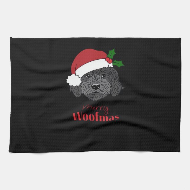 Christmas Black Cockapoo, Cavapoo, Cavoodle, Merry Tea Towel (Horizontal)