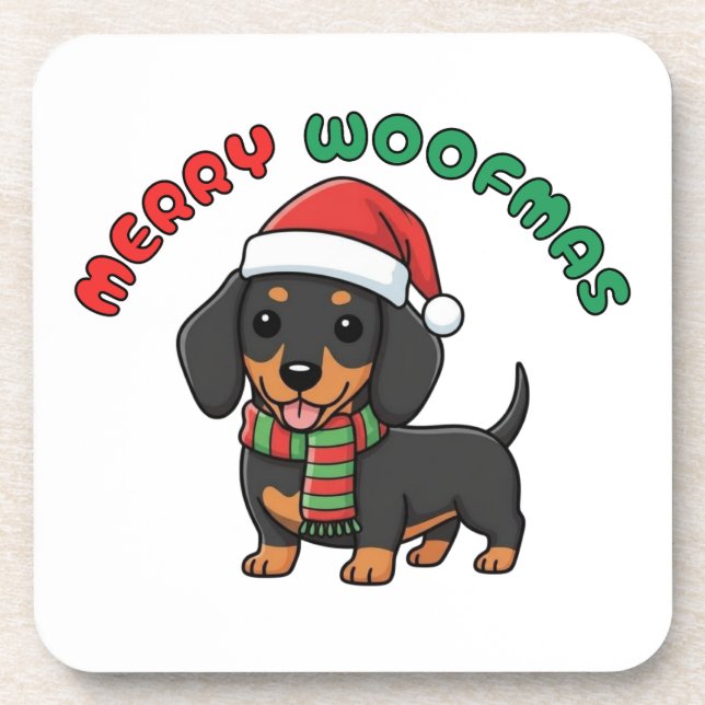 Christmas Black Dachshund Coaster: Merry Woofmas Coaster (Front)