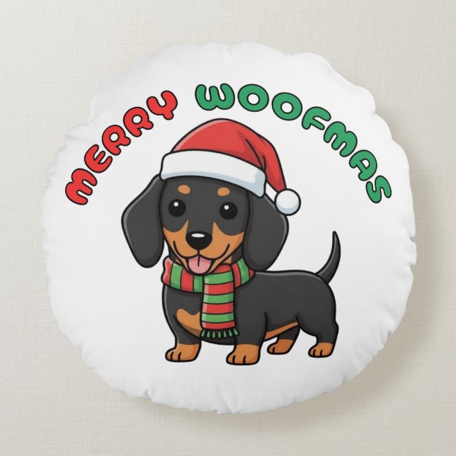 Christmas Black Dachshund: Merry Woofmas Round Cushion (Front)