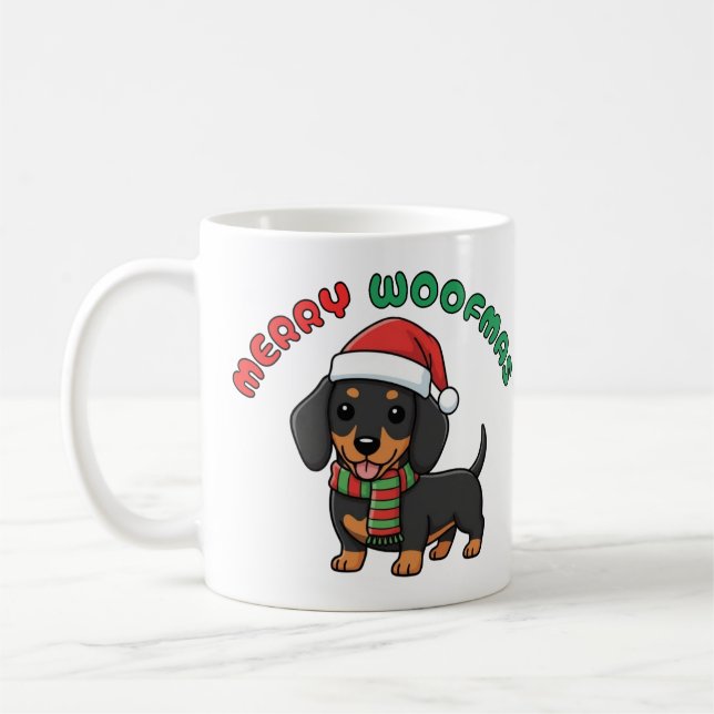 Christmas Black Dachshund Mug: Merry Woofmas Coffee Mug (Left)