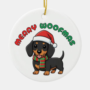 Christmas Black Dachshund Ornament: Merry Woofmas Ceramic Ornament