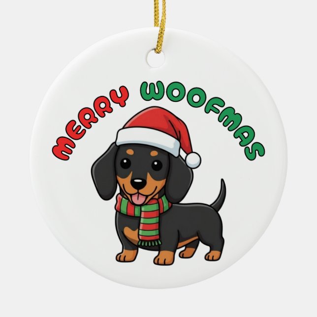 Christmas Black Dachshund Ornament: Merry Woofmas Ceramic Ornament (Front)