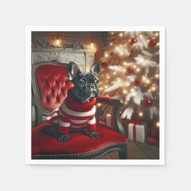 Christmas Black French Bulldog On a Red Chair Napkin (Front)