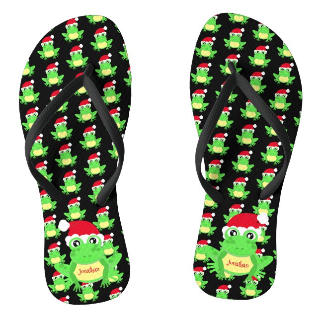 Christmas Black Frog Santa Hat Pattern Name Thongs (Footbed)