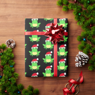 Christmas Black Frog Santa Hat Pattern Novelty  Wrapping Paper