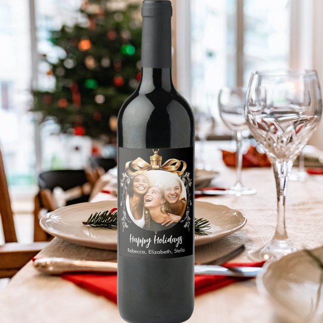 Christmas black gold bauble friends photo party wine label (Creator Uploaded)