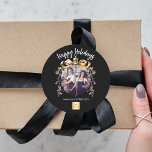 Christmas black gold bauble team photo logo classic round sticker<br><div class="desc">Black background. Personalise and add your own photo and company logo. A golden Christmas tree bauble as frame. Add a text,  name or your web url.</div>