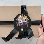 Christmas black gold bauble team photo logo classic round sticker<br><div class="desc">Black background. Personalise and add your own photo and company logo. A golden Christmas tree bauble as frame. Add a text,  name or your web url.</div>