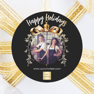Christmas black gold bauble team photo logo classic round sticker