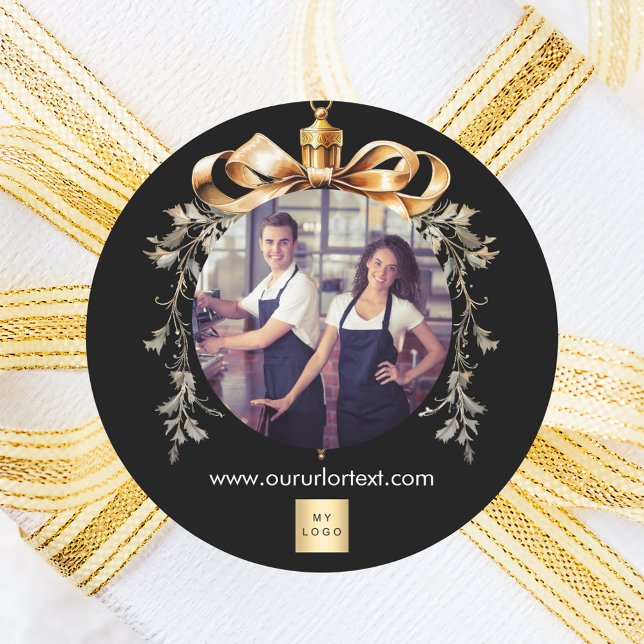 Christmas black gold bauble team photo logo classic round sticker (Creator Uploaded)