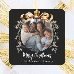 Christmas black gold family photo square sticker
