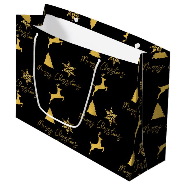 Christmas Black & Gold Pattern  Large Gift Bag (Front Angled)