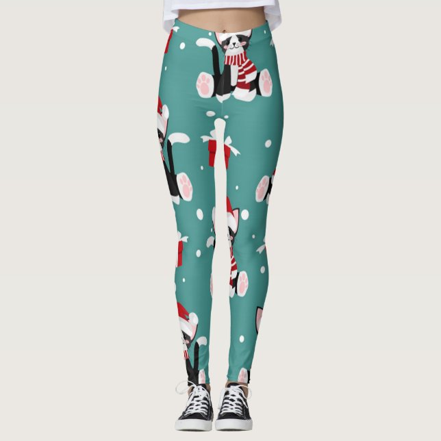 Christmas Black Kitty Pattern Leggings (Front)