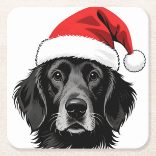 Christmas Black Lab Dog in Santa Hat Square Paper Coaster