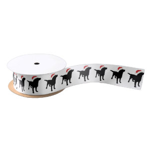 Christmas Black Lab Dog wearing Santa Claus Hat Satin Ribbon