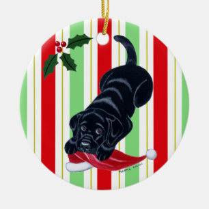 Christmas Black Lab Puppy Santa Hat Ceramic Ornament