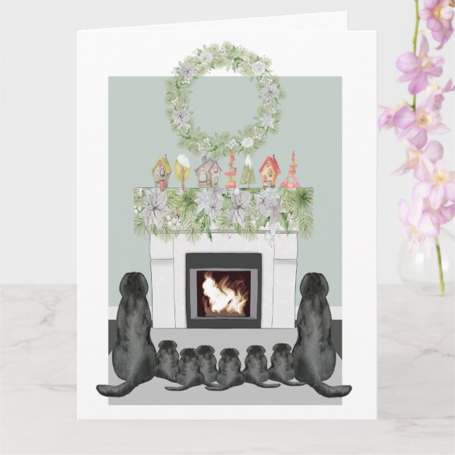 Christmas Black Labrador Family Fireplace Scene  Card (Orchid)