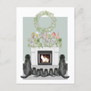 Christmas Black Labrador Family Fireplace Scene Holiday Postcard