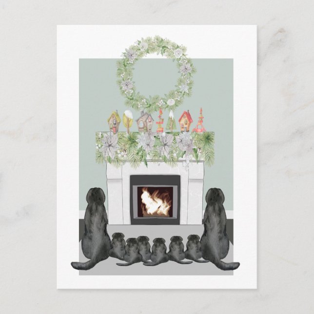 Christmas Black Labrador Family Fireplace Scene Holiday Postcard (Front)