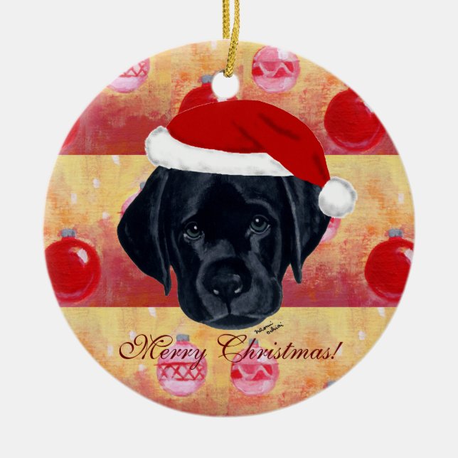 Christmas Black Labrador Puppy Ceramic Ornament (Front)