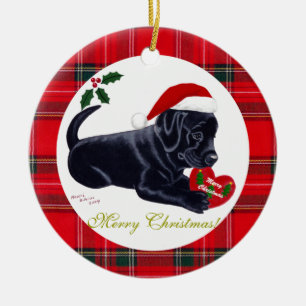Christmas Black Labrador Puppy Santa Hat Ceramic Ornament