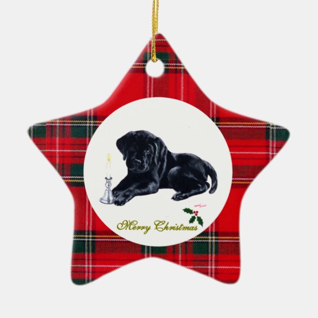 Christmas Black Labrador Puppy Tartan Ceramic Ornament (Front)