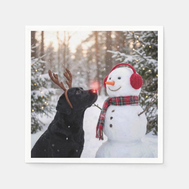 Christmas Black Labrador Retriever with Snowman Napkin (Front)