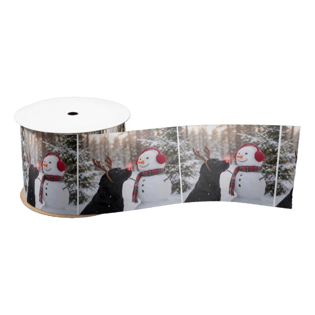 Christmas Black Labrador Retriever with Snowman Satin Ribbon (Spool)