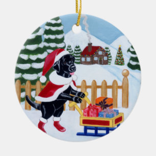 Christmas Black Labrador Santa Painting Ceramic Ornament