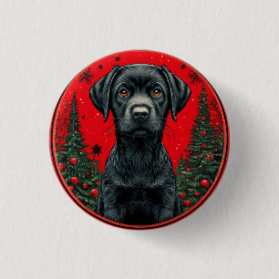 Christmas Black Labrador With Festive Trees 3 Cm Round Badge