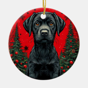Christmas Black Labrador With Festive Trees Ceramic Ornament