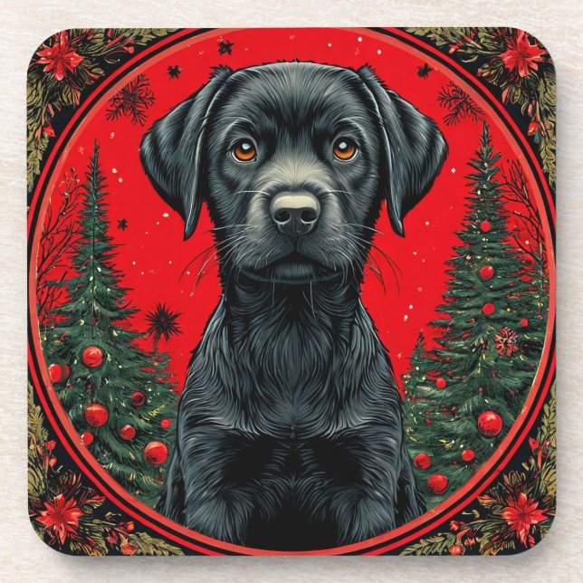 Christmas Black Labrador With Festive Trees Coaster (Front)