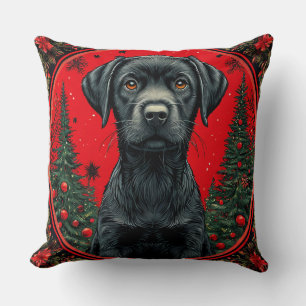 Christmas Black Labrador With Festive Trees Cushion