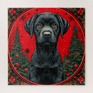 Christmas Black Labrador With Festive Trees Jigsaw Puzzle