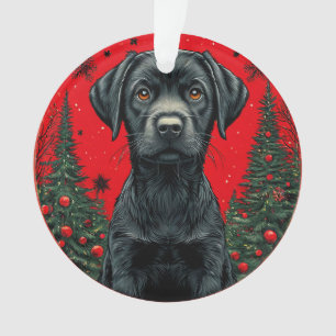 Christmas Black Labrador With Festive Trees Ornament