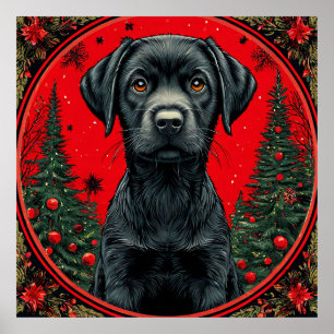 Christmas Black Labrador With Festive Trees Poster