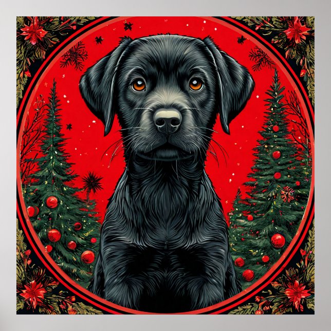 Christmas Black Labrador With Festive Trees Poster (Front)