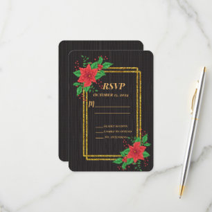 Christmas Black Poinsettia Gold Frame Wedding RSVP Card