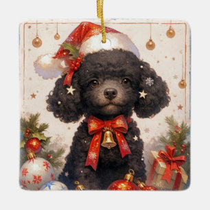 Christmas Black Poodle Dog Ceramic Ornament