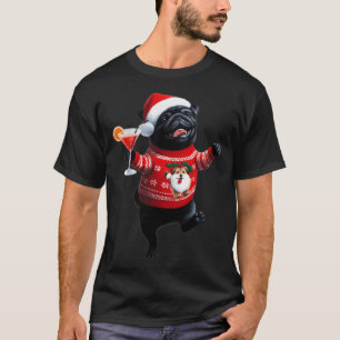 Christmas Black Pug Dancing with a Cocktail T-Shirt