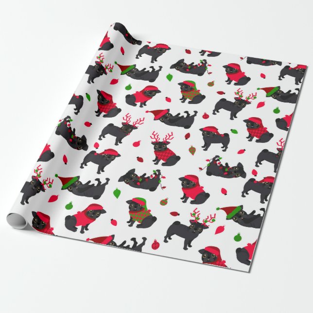 Christmas Black Pugs White Wrapping Paper (Unrolled)