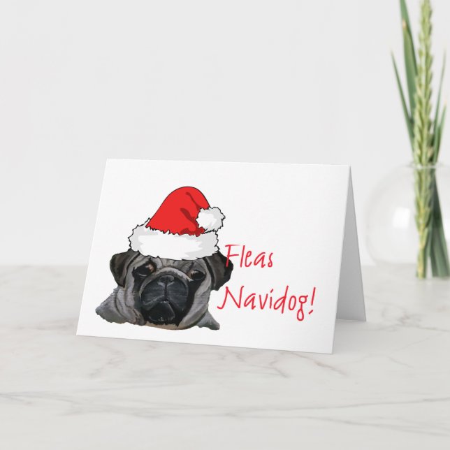 Christmas Black Realistic Pug Puppy Painting Holiday Card (Front)