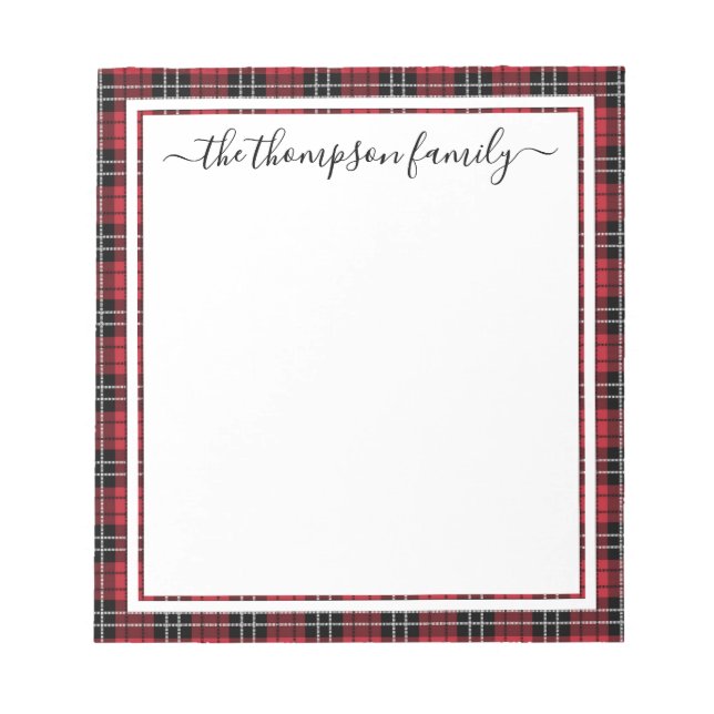 Christmas Black Red Plaid Script Family Name Notepad (Front)