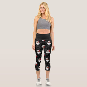 christmas black santa claus snowflakes capri leggings